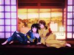  2girls barefoot black_hair blue_eyes brown_eyes brown_hair flower hair_flower hair_ornament hibike!_euphonium holding_hands japanese_clothes kimono kousaka_reina lantern long_hair looking_at_viewer lying multiple_girls open_mouth oumae_kumiko sbel02 sunset veranda yukata 