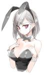  1girl animal_ears aya-chan_(minoa) bow bowtie breasts bunnysuit cleavage detached_collar fake_animal_ears hairband hands_on_own_chest large_breasts leotard looking_to_the_side minoa_(lastswallow) original rabbit_ears short_hair silver_hair sketch solo upper_body wrist_cuffs 