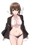  1girl :o ? alternate_costume bangs bikini black_jacket breasts brown_eyes brown_hair cleavage front-tie_bikini front-tie_top girls_und_panzer groin halterneck jacket jacket_over_swimsuit large_breasts looking_at_viewer navel nishizumi_maho open_clothes open_jacket saikawa_yusa short_hair sleeves_past_wrists solo swimsuit twitter_username white_background white_bikini 