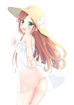  1girl ass dress green_eyes hat highres karutamo looking_at_viewer minazuki_sarami open_mouth see-through simple_background solo sundress white_background white_dress white_flower yellow_hat 