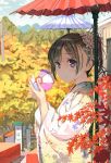 1girl araragikoyomis autumn autumn_leaves ball bangs blurry brown_hair butterfly_hair_ornament chitanda_eru depth_of_field derivative_work fingernails floral_print flower from_side hair_flower hair_ornament highres hyouka japanese_clothes kimono long_fingernails looking_at_viewer maple_tree oriental_umbrella paper_balloon parasol ponytail shade sky smile solo tree umbrella violet_eyes 