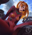  1girl arm_support artist_name ass_visible_through_thighs bangs blue_eyes blue_skirt blue_sky blurry bodysuit breasts clouds cockpit commentary cowboy_shot crotch day depth_of_field dutch_angle evangelion:_3.0_you_can_(not)_redo eyepatch foreshortening freckles groin_tendon head_tilt headgear highres hips lips looking_at_viewer looking_down neon_genesis_evangelion nose number orange_hair parted_bangs parted_lips pilot_suit plugsuit realistic rebuild_of_evangelion revision shikinami_asuka_langley sitting skin_tight skirt sky small_breasts solo souryuu_asuka_langley spread_legs tape teemu_rasinkangas turtleneck twitter_username two_side_up 