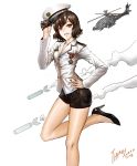  1girl aircraft brown_hair character_name eden_hunter genie_(song) girls&#039;_generation hat hat_tip helicopter high_heels long_hair military military_uniform missile naval_uniform open_mouth real_life salute short_shorts shorts sm_entertainment smile solo tiffany_(girls&#039;_generation) uniform 