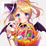  1girl :o ayase_eli bat_wings blonde_hair blue_eyes blush candy detached_collar eyebrows eyebrows_visible_through_hair grey_background halloween halloween_costume hat jack-o&#039;-lantern looking_at_viewer love_live! love_live!_school_idol_project mini_hat mini_witch_hat ponytail satoimo_chika short_hair solo wings witch_hat 