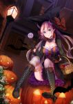  1girl :q basket bat blue_eyes boots braid breasts candy cape cleavage cross-laced_footwear demon_girl demon_horns dress frilled_skirt frills gloves halloween hat hat_ribbon highres horns jack-o&#039;-lantern jewelry knee_boots konkito lamp layered_dress lollipop looking_at_viewer medium_breasts necklace night original outdoors pink_hair pointy_ears ribbon short_hair single_braid single_thighhigh sitting sitting_on_object skirt solo striped striped_legwear thigh-highs tongue tongue_out twintails underbust witch_hat 