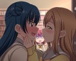  3girls @_@ background blue_hair blush brown_eyes brown_hair commentary_request face-to-face hair_bun hands_on_another&#039;s_face hoshino_ouka incipient_kiss kunikida_hanamaru kurosawa_ruby long_hair looking_at_another love_live! love_live!_sunshine!! multiple_girls open_mouth profile redhead school_uniform serafuku sweat tsushima_yoshiko turn_pale two_side_up violet_eyes yuri 