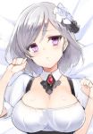  1girl :&lt; aya-chan_(minoa) bed_sheet breasts cleavage detached_collar flower hair_flower hair_ornament large_breasts looking_at_viewer lying minoa_(lastswallow) on_back original short_hair short_sleeves silver_hair solo underbust upper_body violet_eyes 