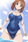 1girl ass_visible_through_thighs breasts brown_eyes brown_hair cleavage competition_school_swimsuit from_below girls_und_panzer highleg highleg_swimsuit highres nishizumi_miho school_swimsuit short_hair smile standing swimsuit taigi_akira water 
