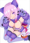  1girl animal animal_ears blush breasts claws elbow_gloves fang fox from_above fur-trimmed_gloves fur-trimmed_legwear fur_trim gloves hair_over_one_eye highres lace lace-trimmed_thighhighs large_breasts looking_at_viewer o-ring o-ring_top open_mouth purple_hair red_ribbon revealing_clothes ribbon shiel shielder_(fate/grand_order) short_hair simple_background sitting solo tail tazaki_hayato thigh-highs violet_eyes wariza white_background wolf_ears wolf_tail 