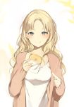 1girl :p blonde_hair blue_eyes blush breasts cardigan closed_mouth collarbone curly_hair fingernails food holding holding_food licking_lips long_hair long_sleeves looking_at_viewer lpip medium_breasts napkin original pointing shirt solo standing tongue tongue_out upper_body white_shirt 