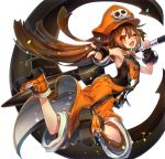  1girl ass blush brown_hair full_body guilty_gear guilty_gear_xrd hat long_hair looking_at_viewer may_(guilty_gear) military military_uniform naval_uniform one_eye_closed open_mouth oro_(sumakaita) skull smile uniform weapon yellow_eyes 