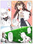  +++ :d ^_^ ahoge backpack bag brown_eyes building closed_eyes comic detached_sleeves double_bun dress enemy_aircraft_(kantai_collection) flying_sweatdrops hairband highres horns house kantai_collection kongou_(kantai_collection) long_hair mittens non_non_biyori nontraditional_miko northern_ocean_hime open_mouth parody pleated_skirt shinkaisei-kan skirt smile sweat thigh-highs translation_request tsukemon waving white_dress white_hair white_skin zettai_ryouiki 
