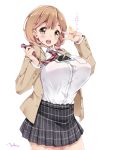  breasts brown_eyes brown_hair large_breasts looking_at_viewer narusawa_ryouka necktie occultic;nine plaid plaid_skirt short_hair signature simple_background skirt smile striped striped_necktie translation_request white_background yukinon_(tsuki_koubou) 
