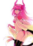  1girl :o aqua_eyes armor ass bikini_armor black_legwear cape curled_horns elizabeth_bathory_(brave)_(fate) fang fate/grand_order fate_(series) from_side gauntlets hizuki_mai horns lancer_(fate/extra_ccc) long_hair looking_to_the_side pauldrons pink_hair pointy_ears solo tail thigh-highs white_background 