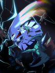  attacking_viewer broken_mask dark_background electricity fangs glowing glowing_eyes highres looking_at_viewer open_mouth pokemon pokemon_(creature) pokemon_(game) pokemon_sm silvally solo tapwing 