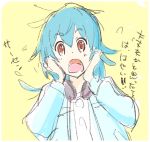  1girl bangs blue_hair commentary_request flip_flappers hair_between_eyes hands_on_own_face headphones headphones_around_neck highres k.kitada long_hair open_mouth orange_eyes sayuri_(flip_flappers) solo translation_request upper_body 