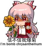  1girl bomb chinese chrysanthemum engrish flower fujiwara_no_mokou holding holding_flower long_hair looking_at_viewer lowres meme ranguage red_eyes shaded_face shangguan_feiying touhou white_hair 