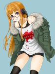  1girl glasses headphones hida_tatsuo jacket long_hair orange_hair persona persona_5 sakura_futaba shorts 