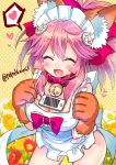  1girl animal_ears apron bell bell_collar breasts cleavage closed_eyes collar fangs fate/grand_order fate_(series) fox_ears hair_ribbon heart highres large_breasts long_hair looking_at_viewer naked_apron open_mouth pink_hair ribbon solo speech_bubble tamamo_(fate)_(all) tamamo_cat_(fate) tawawa_challenge teltelhousi 