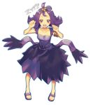  1girl :3 :d acerola_(pokemon) akp0524 armlet bangs breasts cleavage collarbone dress elite_four fingernails full_body hair_ornament half_updo highres looking_at_viewer open_mouth pokemon pokemon_(game) pokemon_sm purple_dress purple_hair sandals short_hair simple_background small_breasts smile solo standing stitches torn_clothes torn_dress transparent_background violet_eyes z-move 