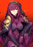  1girl absurdres bodysuit breasts eyebrows eyebrows_visible_through_hair fate/grand_order fate_(series) highres long_hair looking_at_viewer makise_medaka pauldrons purple_hair red_eyes scathach_(fate/grand_order) solo veil 