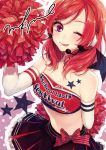  1girl ;p absurdres arm_behind_back bare_shoulders blush cheerleader elbow_gloves eyebrows eyebrows_visible_through_hair gloves headset highres looking_at_viewer love_live! love_live!_school_idol_project midriff navel nishikino_maki one_eye_closed pom_pom_(clothes) pom_poms redhead short_hair solo star_tattoo sudach_koppe tattoo tongue tongue_out violet_eyes 