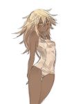  1girl arms_behind_back blush breasts dark_skin female guilty_gear guilty_gear_xrd long_hair looking_at_viewer navel one-piece_swimsuit oro_(sumakaita) ramlethal_valentine small_breasts solo swimsuit white_background white_hair yellow_eyes 