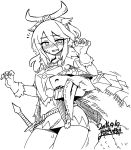  /\/\/\ 2016 artist_name ayuria barioth blush breasts cleavage cowboy_shot dated detached_sleeves dress eyebrows eyebrows_visible_through_hair fingerless_gloves flying_sweatdrops gloves hair_between_eyes half_updo looking_at_another medium_breasts monochrome monster_hunter monster_hunter_stories motion_lines nose_blush number ponytail signature sleeveless sleeveless_dress sweatdrop sword tusks weapon yoshida_hideyuki 