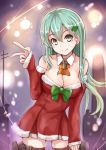  1girl aqua_eyes aqua_hair arm_warmers ascot bare_shoulders bow breasts christmas christmas_tree_hair_ornament city_lights cleavage contrapposto cowboy_shot dress fur_trim green_bow hair_ornament hairclip hand_on_own_thigh kantai_collection large_breasts long_hair looking_at_viewer red_dress santa_costume short_dress sleeves_past_wrists smile solo strapless strapless_dress sumapan suzuya_(kantai_collection) thigh-highs v 