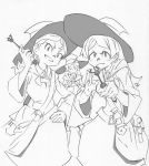  3girls arai_hiroki bag barbara_(little_witch_academia) diana_cavendish grin hanna_(little_witch_academia) hat highres little_witch_academia monochrome multiple_girls smile wand witch witch_hat 