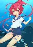  1girl :d ahoge fish hukasikasi i-168_(kantai_collection) kantai_collection long_hair looking_at_viewer open_mouth ponytail red_eyes redhead school_swimsuit school_uniform serafuku smile solo swimsuit swimsuit_under_clothes underwater very_long_hair 