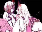  2girls :o all_fours clothes_down earrings eye_contact facial_mark fang fate/grand_order fate_(series) hizuki_mai horns ibaraki_douji_(fate/grand_order) japanese_clothes jewelry kimono long_hair looking_at_another multiple_girls oni oni_horns pointy_ears profile short_hair shuten_douji_(fate/grand_order) sitting smile tattoo yellow_eyes 
