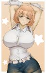  1girl armpits arms_up belt breasts brown_eyes brown_hair cleavage denim denim_shorts gloves hair_ornament heart_hair_ornament highres huge_breasts kakekcaboel looking_at_viewer narusawa_ryouka occultic;nine short_hair short_shorts shorts smile solo v white_gloves 