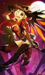  1girl alternate_costume andern3ll black_lipstick blonde_hair breasts broom broom_riding earrings eyeshadow gloves hair_over_one_eye hat highres jack-o&#039;-lantern_earrings jewelry lipstick makeup mercy_(overwatch) moon night overwatch smile solo star_(sky) witch witch_hat witch_mercy yellow_eyes 