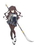  1girl boots brown_hair dress full_body hand_on_own_cheek high_heels highres holding holding_weapon long_hair looking_at_viewer naginata pantyhose polearm single_glove smile solo two_side_up weapon 