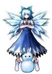 &gt;:) 1girl blue_bow blue_dress blue_eyes blue_hair bow cirno closed_mouth crossed_arms dangan_ronpa dress full_body hair_bow highres ice ice_wings looking_at_viewer neck_ribbon parody puffy_short_sleeves puffy_sleeves red_ribbon ribbon short_hair short_sleeves smile snowman socks solo style_parody taku_(harajuku) touhou white_background white_legwear wings 