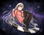  1girl bangs black_legwear blunt_bangs blush boots commentary_request future_girlfriend grey_hair lolihorn long_hair looking_at_viewer pantyhose red_eyes ribbed_sweater sleeves_past_wrists solo sweater turtleneck very_long_hair yulin_(future_girlfriend) 