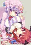  2girls bangs blush bow breast_press breasts capelet crescent crescent_hair_ornament double_bun hair_bow hair_ornament hat headband hym9594 koakuma large_breasts long_hair long_sleeves looking_at_viewer lying mob_cap multiple_girls necktie on_back patchouli_knowledge purple_hair red_bow red_eyes red_necktie redhead simple_background sweatdrop symmetrical_docking touhou v violet_eyes 