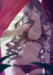  1girl aoironigou blue_eyes blush bra breasts brown_hair cleavage curtains head_tilt ichinose_shiki idolmaster idolmaster_cinderella_girls large_breasts lipstick long_hair looking_at_viewer makeup panties red_lipstick solo underwear wavy_hair 