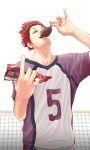  1boy adam&#039;s_apple dragonnapoli eating haikyuu!! highres looking_at_viewer male_focus red_eyes redhead solo sportswear standing tendou_satori upper_body volleyball_net wrapper 