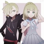  1boy 1girl angel31424 blonde_hair brother_and_sister dress gladio_(pokemon) green_eyes hair_over_one_eye lillie_(pokemon) long_hair pokemon pokemon_(game) pokemon_sm ponytail siblings spoilers white_dress 
