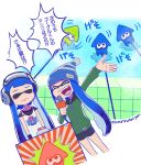  2girls arm_up beanie bike_shorts blue_hair buttons censored closed_eyes domino_mask fangs hat headphones hood hoodie inkling jersey mask microphone mosaic_censoring multiple_girls onsen osomatsu-san parody sidelocks smile sorobochi splatoon tentacle_hair translation_request 