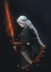  absurdres artist_request black_background breasts burning capelet dark_souls_iii fire_keeper from_software highres long_hair souls_(from_software) sword weapon white_hair 