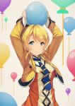  1girl arms_up ayase_eli balloon bangs blonde_hair blue_eyes cropped_jacket earrings holding_balloon jewelry long_sleeves looking_at_viewer love_live! love_live!_school_idol_project necktie sidelocks siva_(executor) smile solo spades_(playing_card) striped striped_necktie sunny_day_song swept_bangs upper_body 