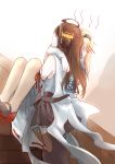  2girls ahoge arms_behind_head blonde_hair blush brown_hair carrying commentary detached_sleeves double_bun dress english hairband hand_on_own_face headgear highres kantai_collection kongou_(kantai_collection) long_hair multiple_girls nontraditional_miko pin.s princess_carry ribbon_trim stairs thigh-highs warspite_(kantai_collection) white_legwear 