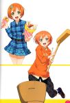  1girl absurdres crepe food green_eyes hair_ornament hairclip highres holding hoshizora_rin looking_at_viewer love_live! love_live!_school_idol_festival love_live!_school_idol_project open_mouth orange_hair pants scan short_hair simple_background skirt smile 
