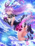  1girl a-line black_gloves black_panties black_ribbon blue_eyes breasts cleavage dress eyebrows eyebrows_visible_through_hair gloves hair_between_eyes hair_ribbon long_hair medium_breasts original panties purple_hair ribbon solo tears underwear 