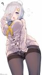  1girl absurdres ass_visible_through_thighs blue_eyes blush breasts brown_legwear cardigan crotch_seam dutch_angle eyebrows eyebrows_visible_through_hair from_below hair_ornament hair_over_one_eye hairclip hamakaze_(kantai_collection) highres kantai_collection katoroku large_breasts no_pants one_eye_closed open_mouth panties panties_under_pantyhose pantyhose rubbing_eyes school_uniform serafuku silver_hair simple_background sleeves_past_wrists solo thighband_pantyhose twitter_username underwear white_background white_panties 