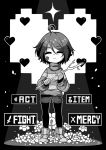  ahoge androgynous ankle_boots bandaid bandaid_on_face boots closed_eyes dated flower frisk_(undertale) full_body gameplay_mechanics heart highres leggings messy_hair monochrome sandragh shorts signature solo sparkle spotlight stick striped striped_sweater sweater undertale 