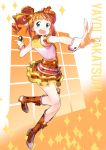  1girl absurdres blue_eyes character_name check_my_note gulim hair_ribbon highres holding_microphone idolmaster idolmaster_one_for_all layered_skirt long_hair microphone open_mouth orange_hair orange_ribbon orange_skirt ribbon skirt solo takatsuki_yayoi thigh_strap twintails wrist_cuffs 